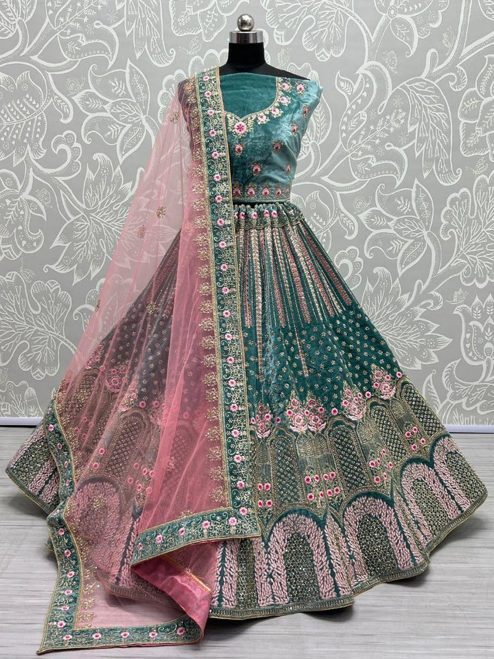 Stunning Teal Blue Dori Work Velvet Wedding Wear Lehenga Choli
