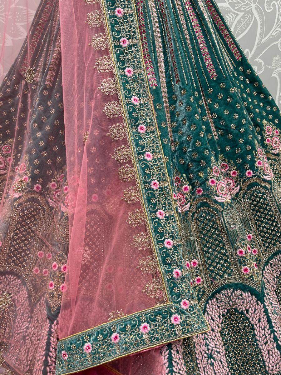 Stunning Teal Blue Dori Work Velvet Wedding Wear Lehenga Choli - Zeel Clothing