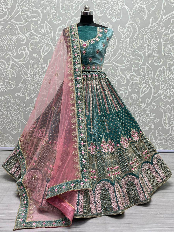 Stunning Teal Blue Dori Work Velvet Wedding Wear Lehenga Choli - Zeel Clothing