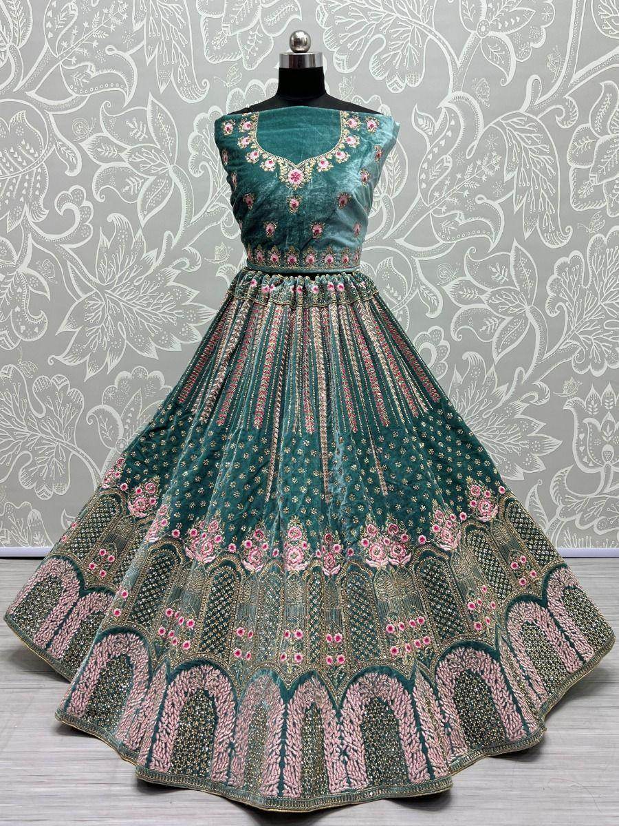 Stunning Teal Blue Dori Work Velvet Wedding Wear Lehenga Choli - Zeel Clothing