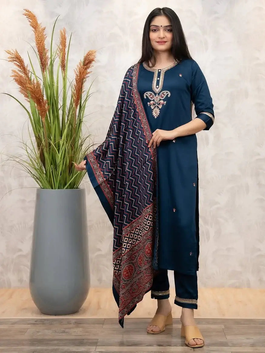 Stunning Teal Blue Embroidered Chanderi Silk Festive Wear Pant Suit With Dupatta - Zeel Clothing