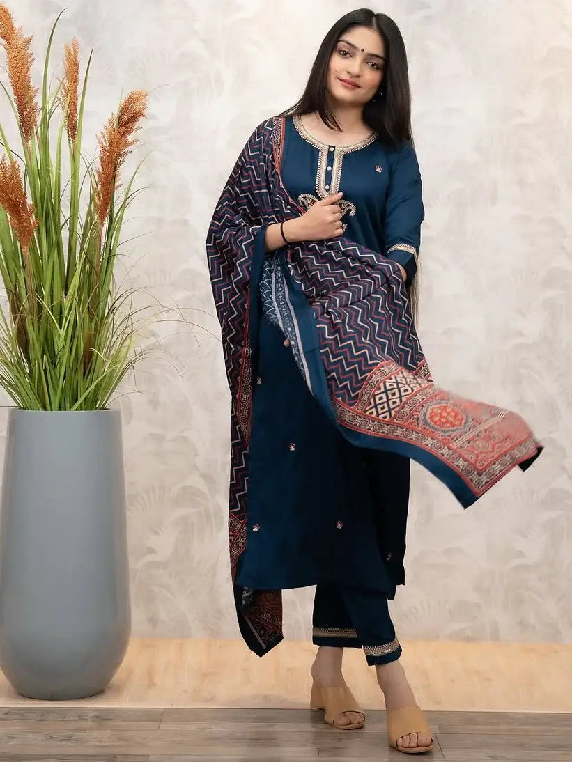 Stunning Teal Blue Embroidered Chanderi Silk Festive Wear Pant Suit With Dupatta - Zeel Clothing
