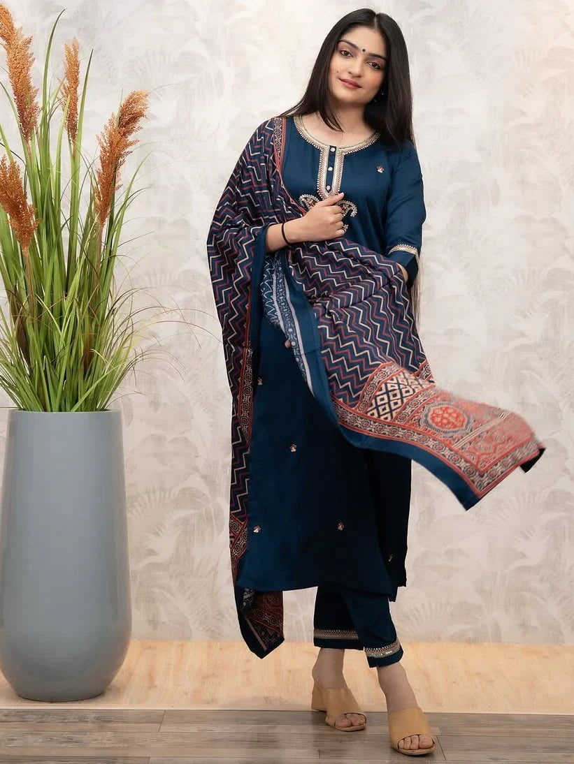 Stunning Teal Blue Embroidered Chanderi Silk Festive Wear Pant Suit With Dupatta - Zeel Clothing