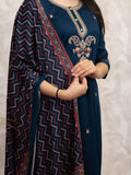 Stunning Teal Blue Embroidered Chanderi Silk Festive Wear Pant Suit With Dupatta - Zeel Clothing
