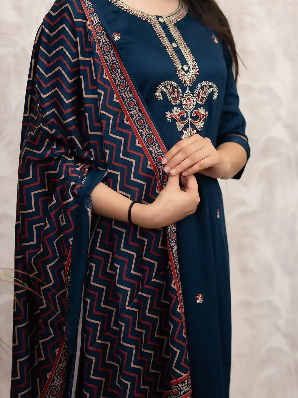 Stunning Teal Blue Embroidered Chanderi Silk Festive Wear Pant Suit With Dupatta - Zeel Clothing