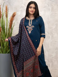 Stunning Teal Blue Embroidered Chanderi Silk Festive Wear Pant Suit With Dupatta - Zeel Clothing