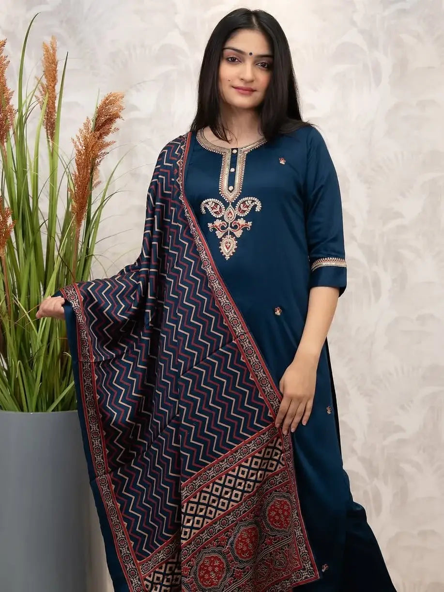 Stunning Teal Blue Embroidered Chanderi Silk Festive Wear Pant Suit With Dupatta - Zeel Clothing