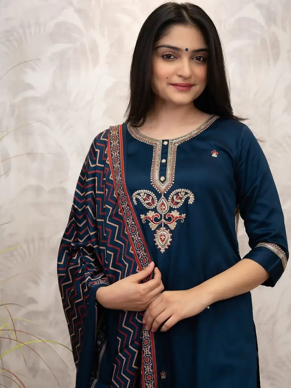 Stunning Teal Blue Embroidered Chanderi Silk Festive Wear Pant Suit With Dupatta - Zeel Clothing