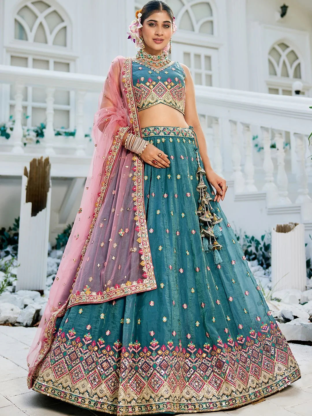 Stunning Teal Blue Embroidered Tissue Bridesmaid Lehenga Choli With Dupatta - Zeel Clothing