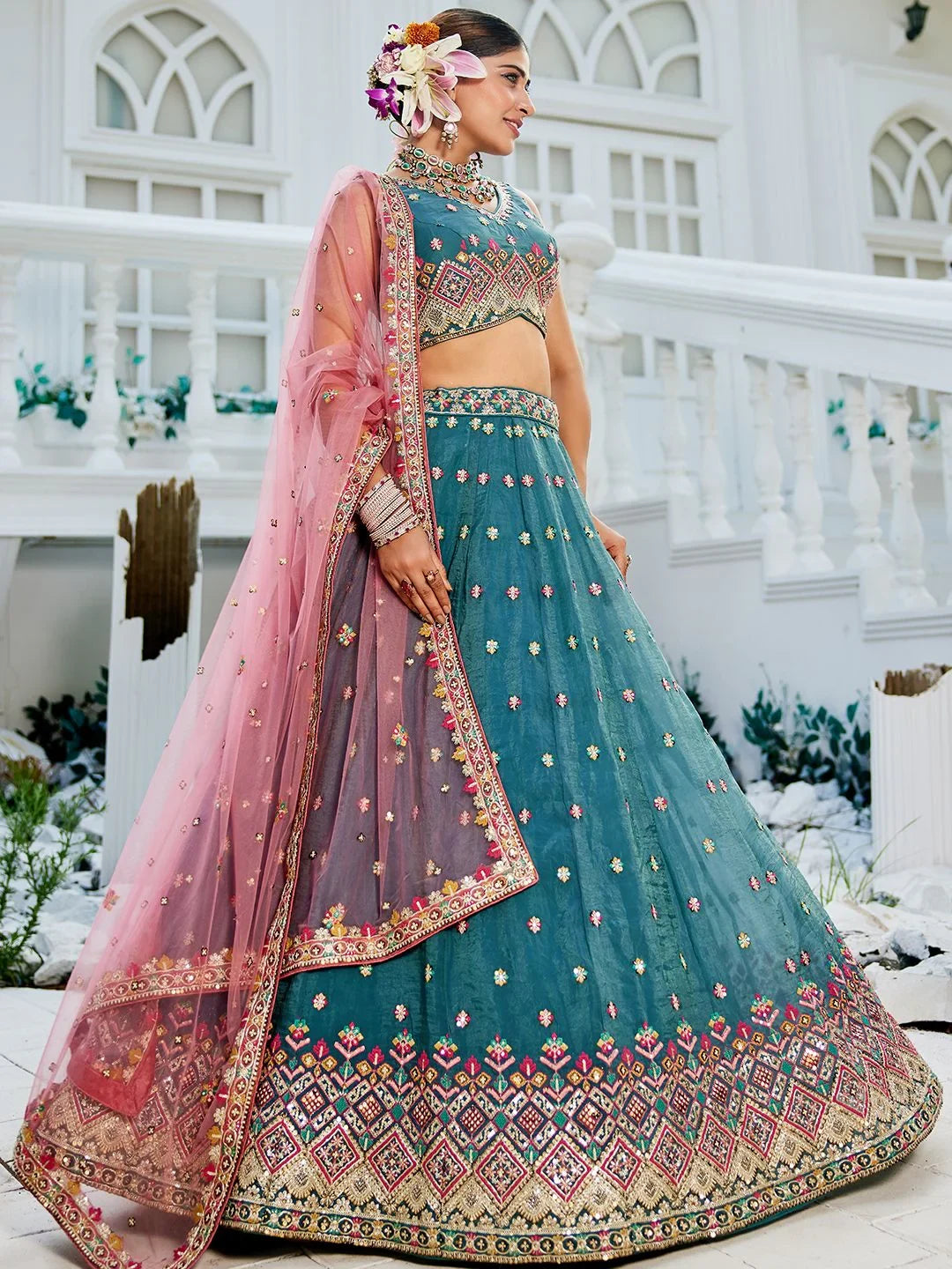 Stunning Teal Blue Embroidered Tissue Bridesmaid Lehenga Choli With Dupatta - Zeel Clothing