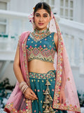 Stunning Teal Blue Embroidered Tissue Bridesmaid Lehenga Choli With Dupatta - Zeel Clothing