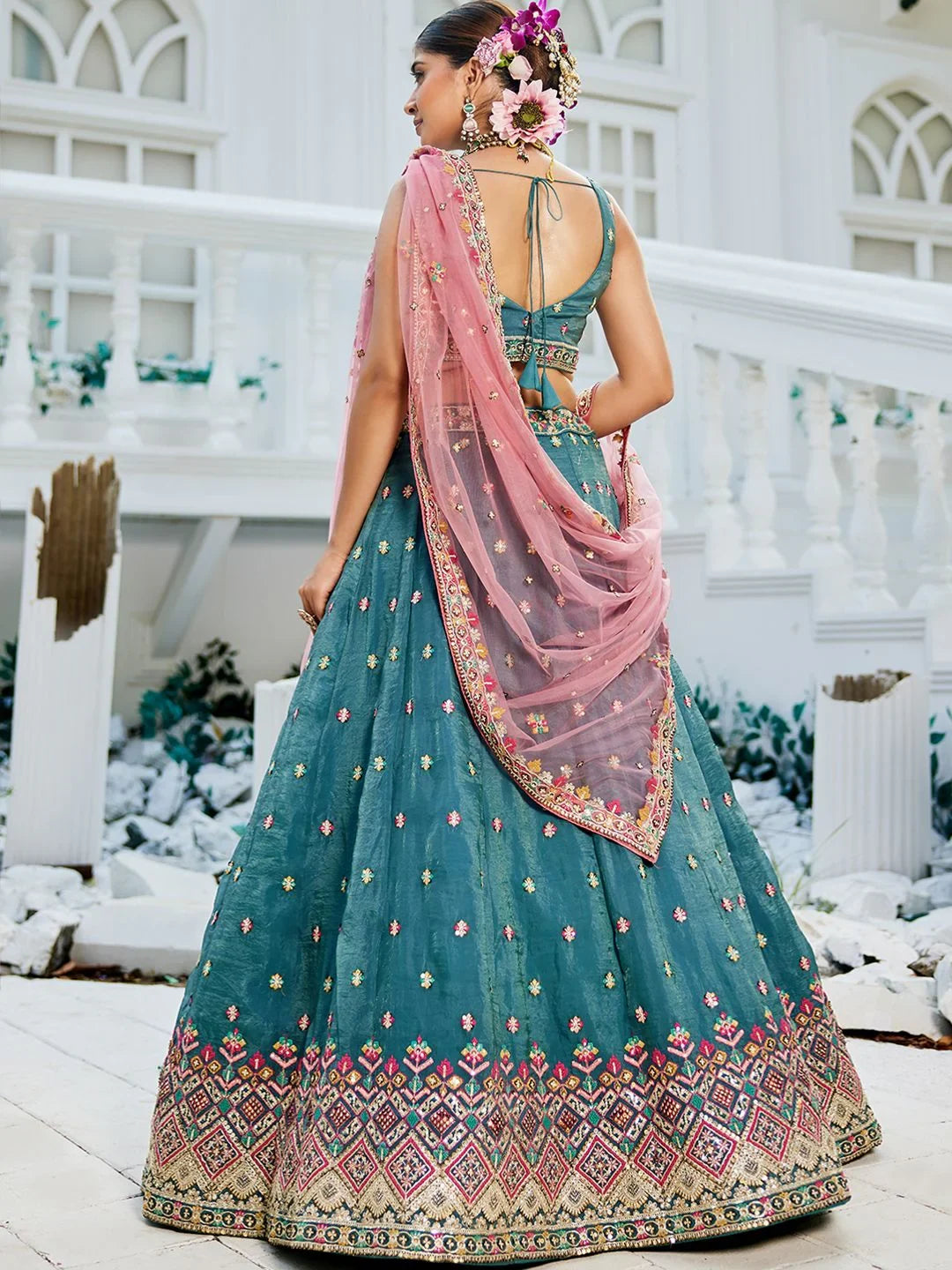 Stunning Teal Blue Embroidered Tissue Bridesmaid Lehenga Choli With Dupatta - Zeel Clothing