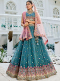 Stunning Teal Blue Embroidered Tissue Bridesmaid Lehenga Choli With Dupatta - Zeel Clothing