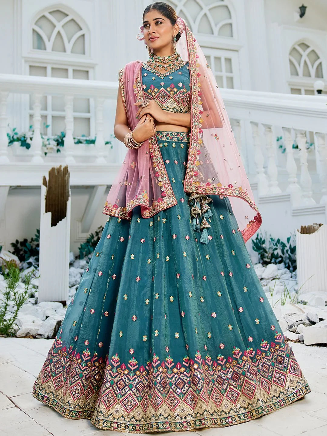 Stunning Teal Blue Embroidered Tissue Bridesmaid Lehenga Choli With Dupatta - Zeel Clothing