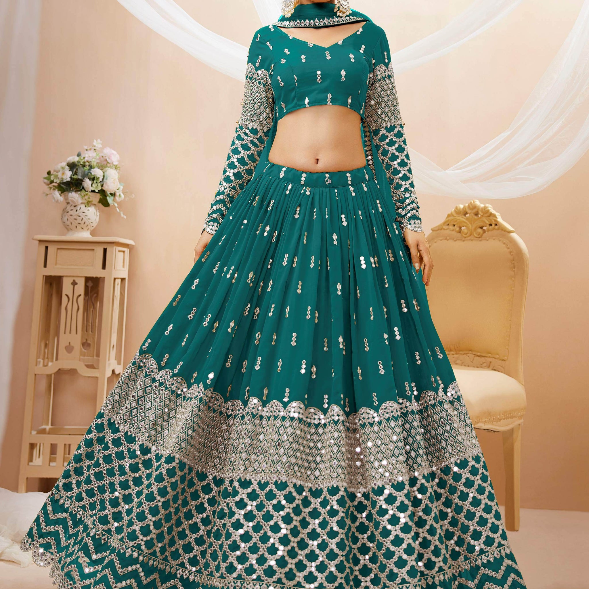 Stunning Teal Blue Sequins Georgette Lehenga Choli With Net Dupatta - Zeel Clothing