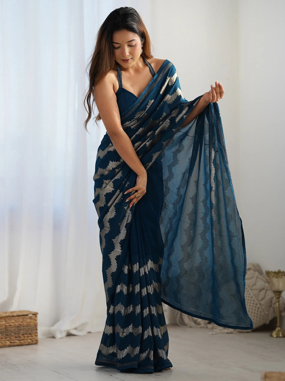 Stunning Teal Blue Sequins Georgette Reception Wear Saree With Blouse - Zeel Clothing
