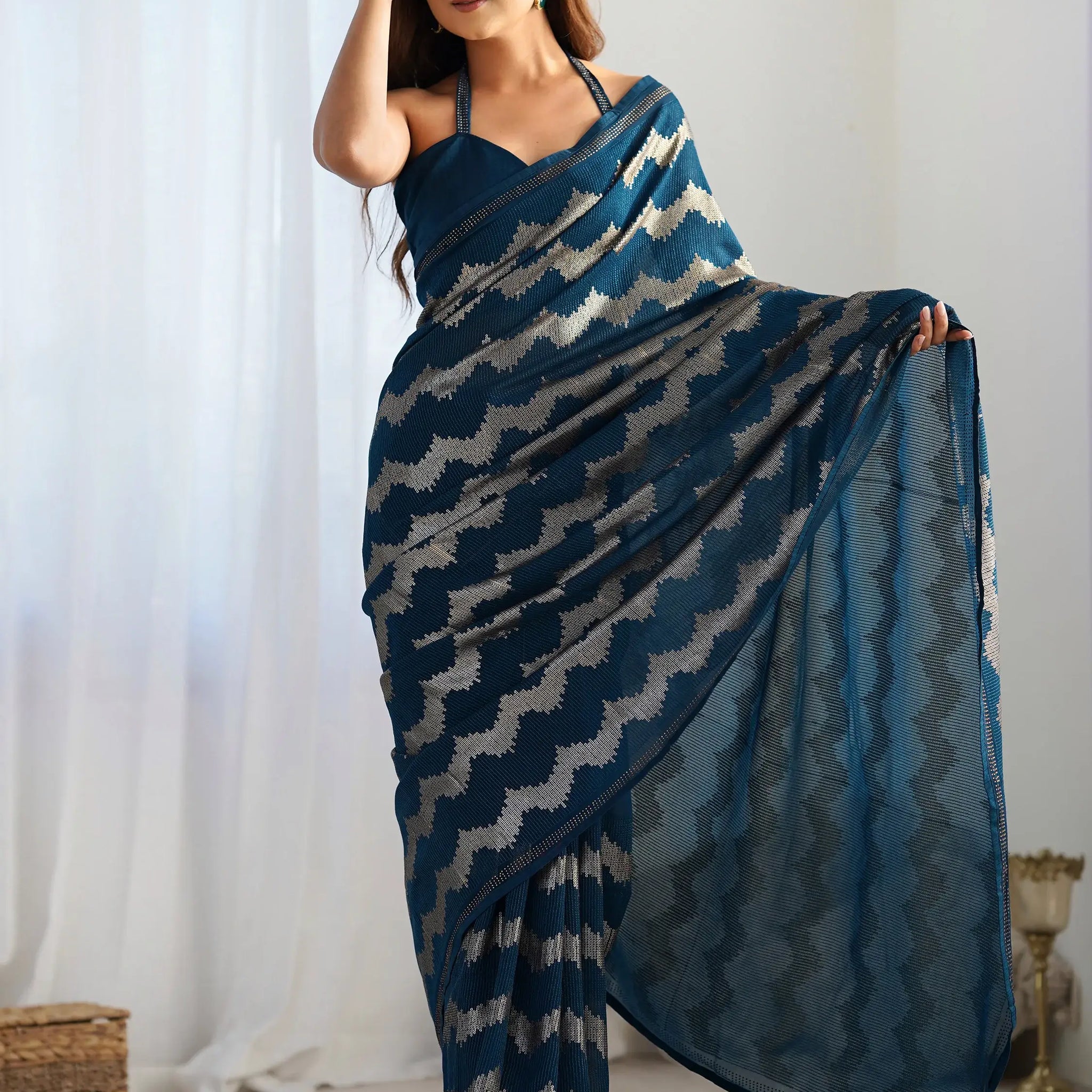 Stunning Teal Blue Sequins Georgette Reception Wear Saree With Blouse - Zeel Clothing