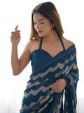 Stunning Teal Blue Sequins Georgette Reception Wear Saree With Blouse - Zeel Clothing