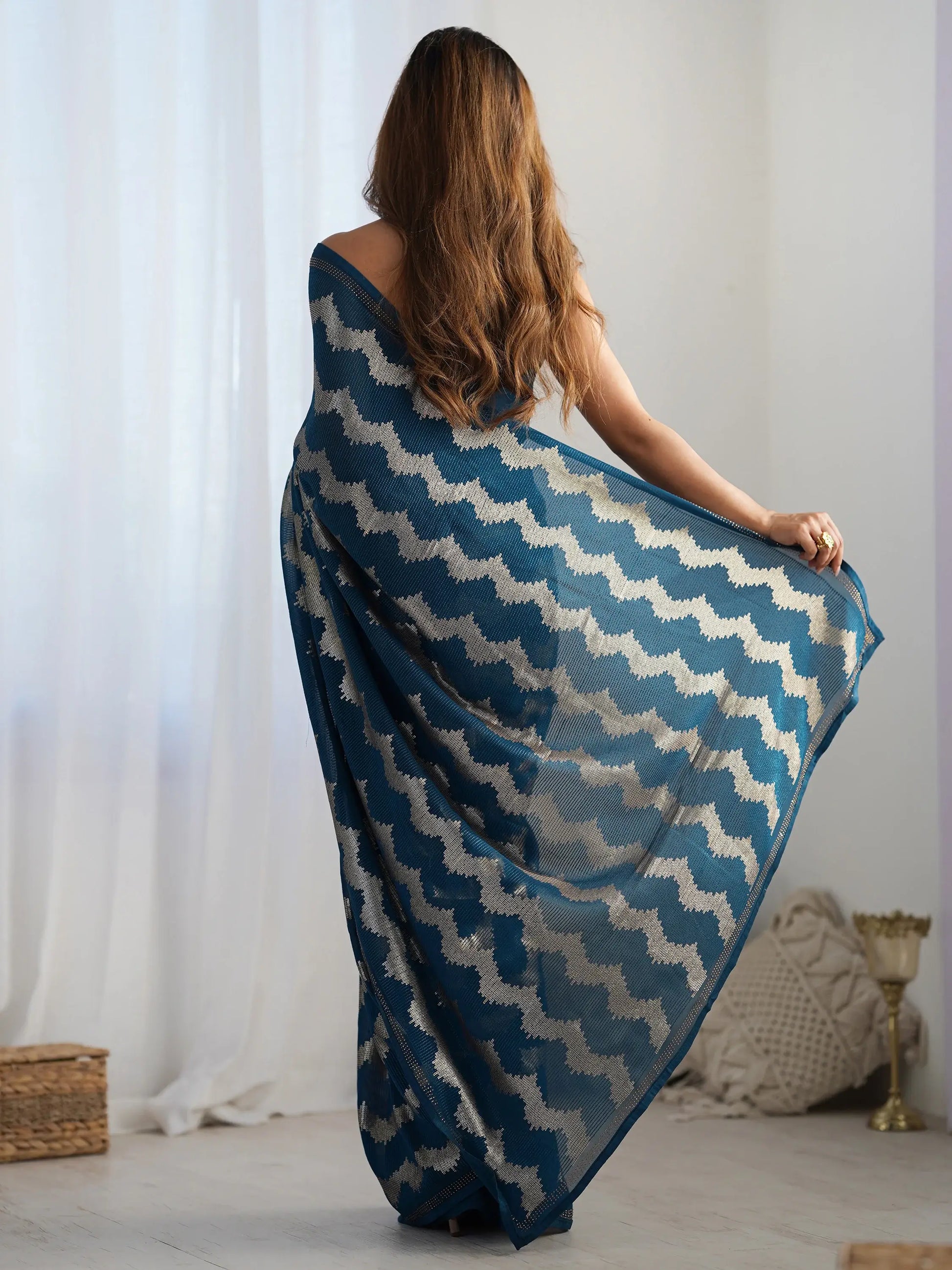 Stunning Teal Blue Sequins Georgette Reception Wear Saree With Blouse - Zeel Clothing