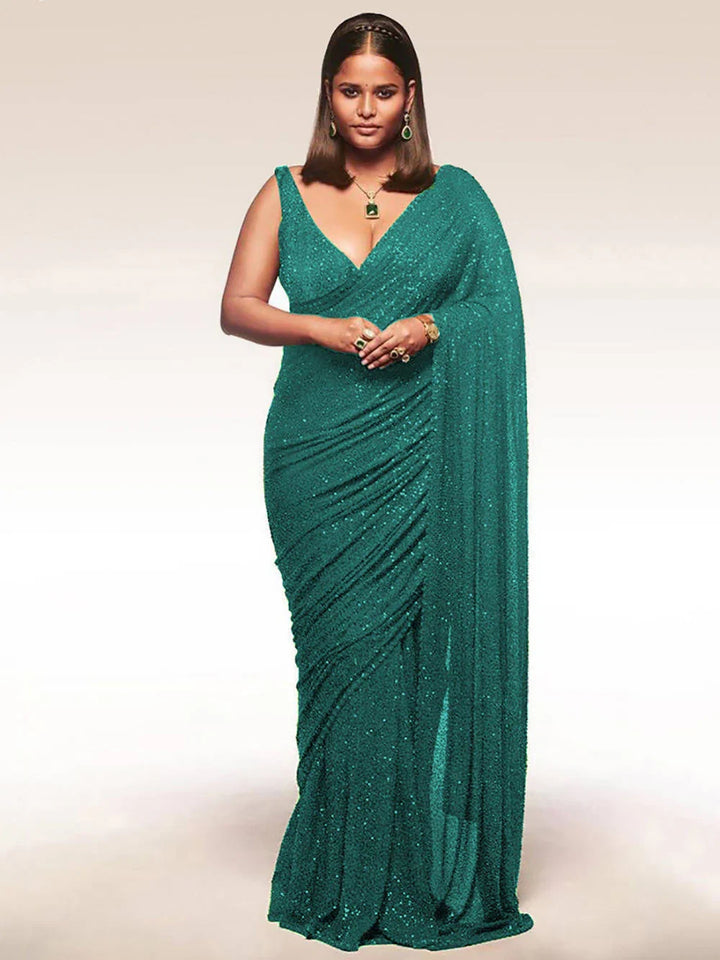 Stunning Teal Blue Sequins Georgette Reception Wear Saree - Zeel Clothing