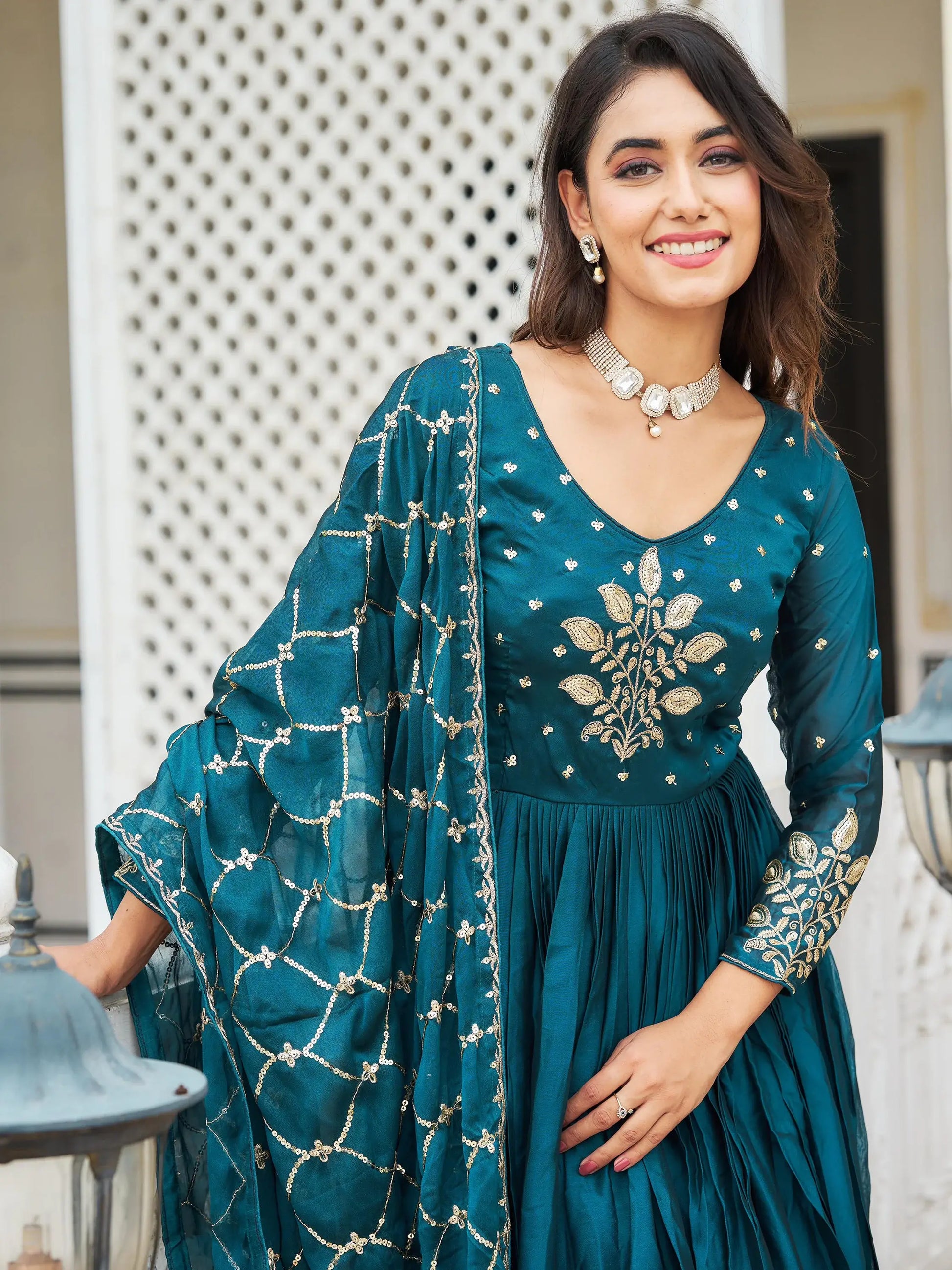 Stunning Teal Blue Sequins Rangoli Silk Festival Gown With Dupatta - Zeel Clothing