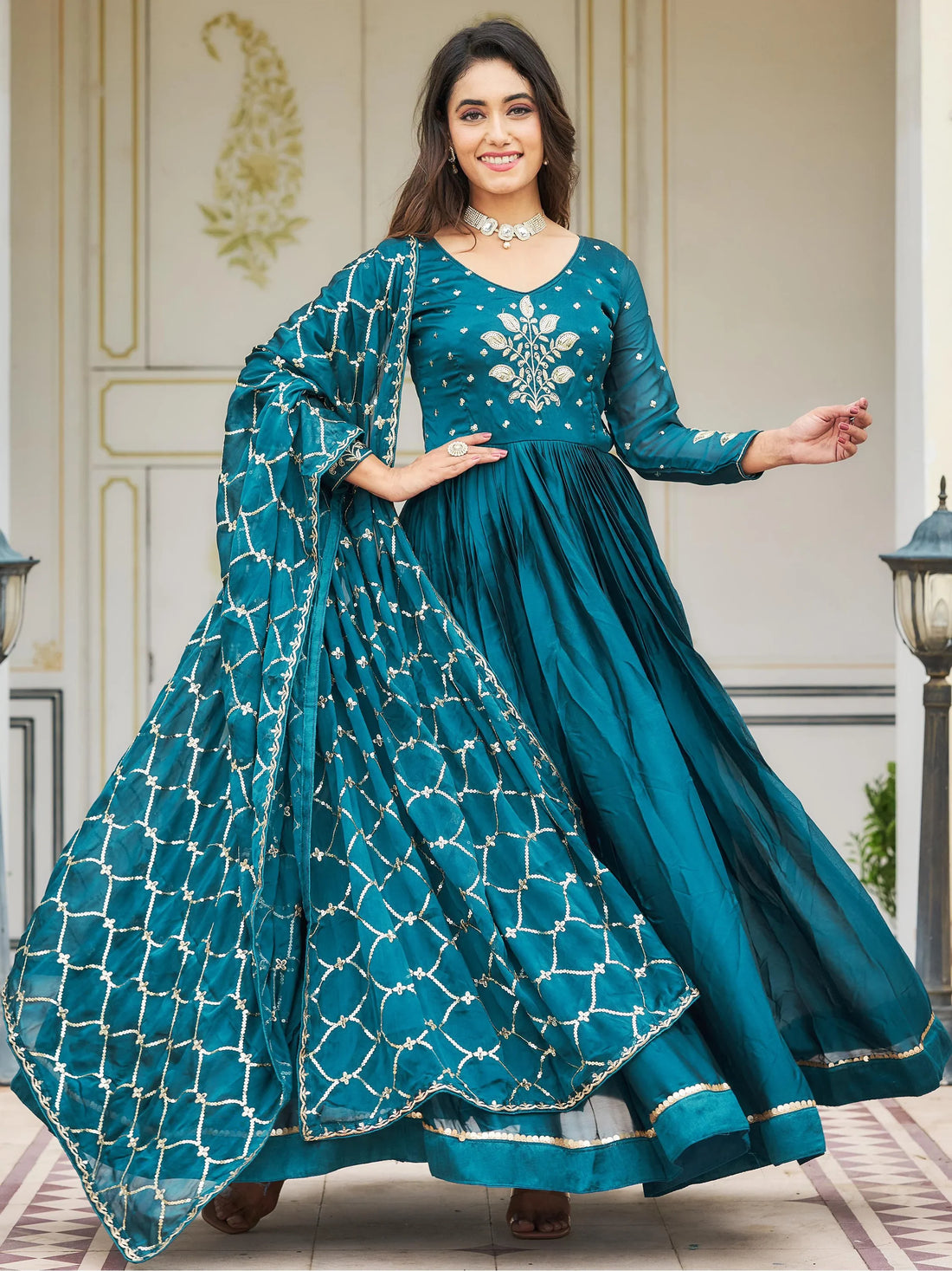 Stunning Teal Blue Sequins Rangoli Silk Festival Gown With Dupatta - Zeel Clothing
