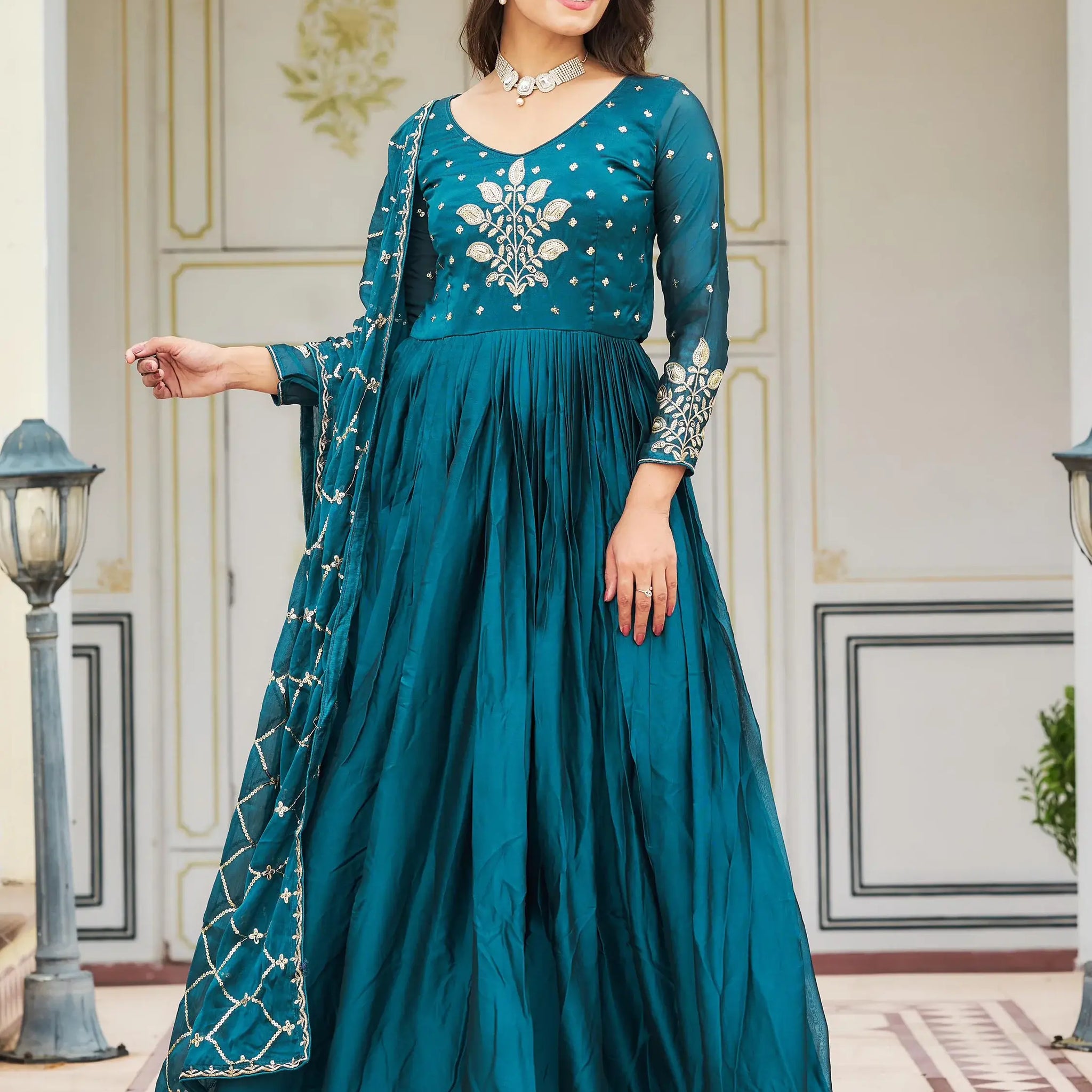 Stunning Teal Blue Sequins Rangoli Silk Festival Gown With Dupatta - Zeel Clothing