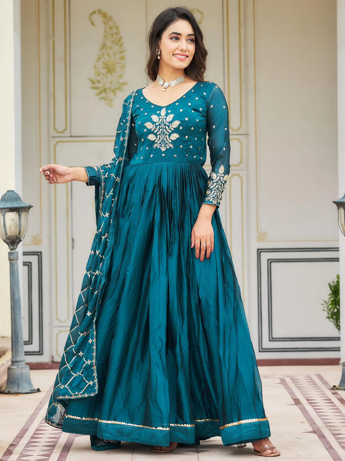 Stunning Teal Blue Sequins Rangoli Silk Festival Gown With Dupatta - Zeel Clothing