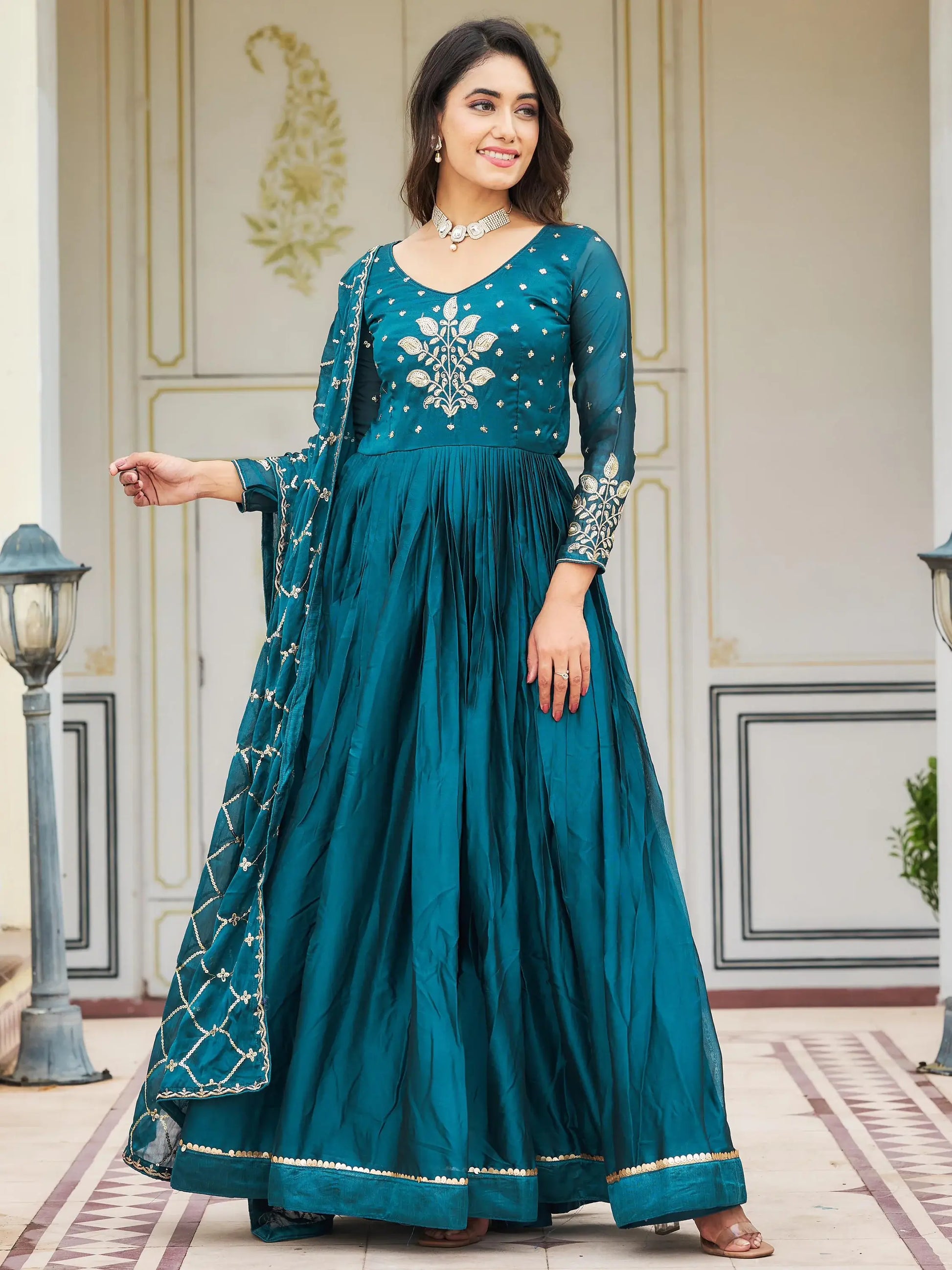 Stunning Teal Blue Sequins Rangoli Silk Festival Gown With Dupatta - Zeel Clothing