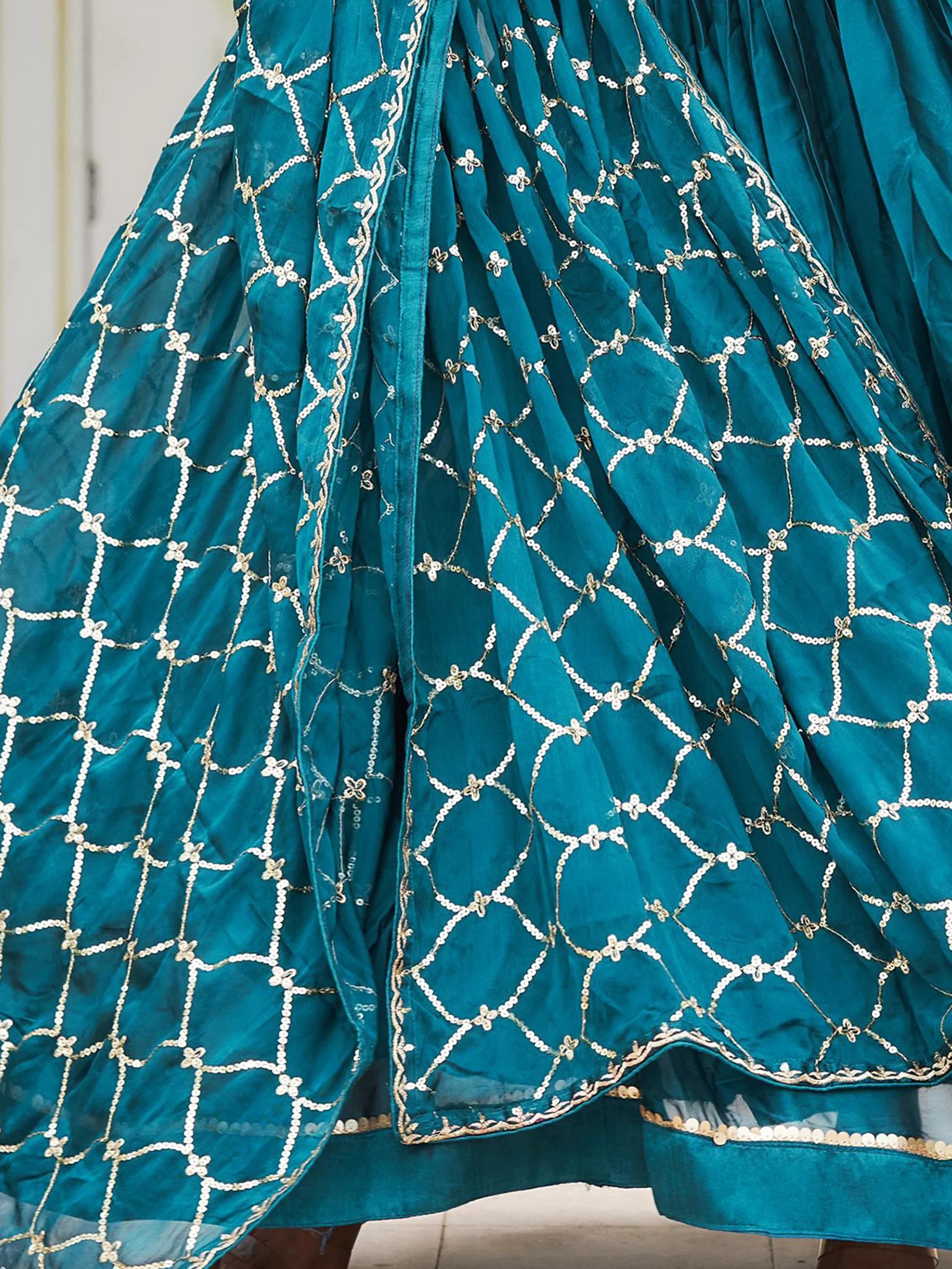 Stunning Teal Blue Sequins Rangoli Silk Festival Gown With Dupatta - Zeel Clothing