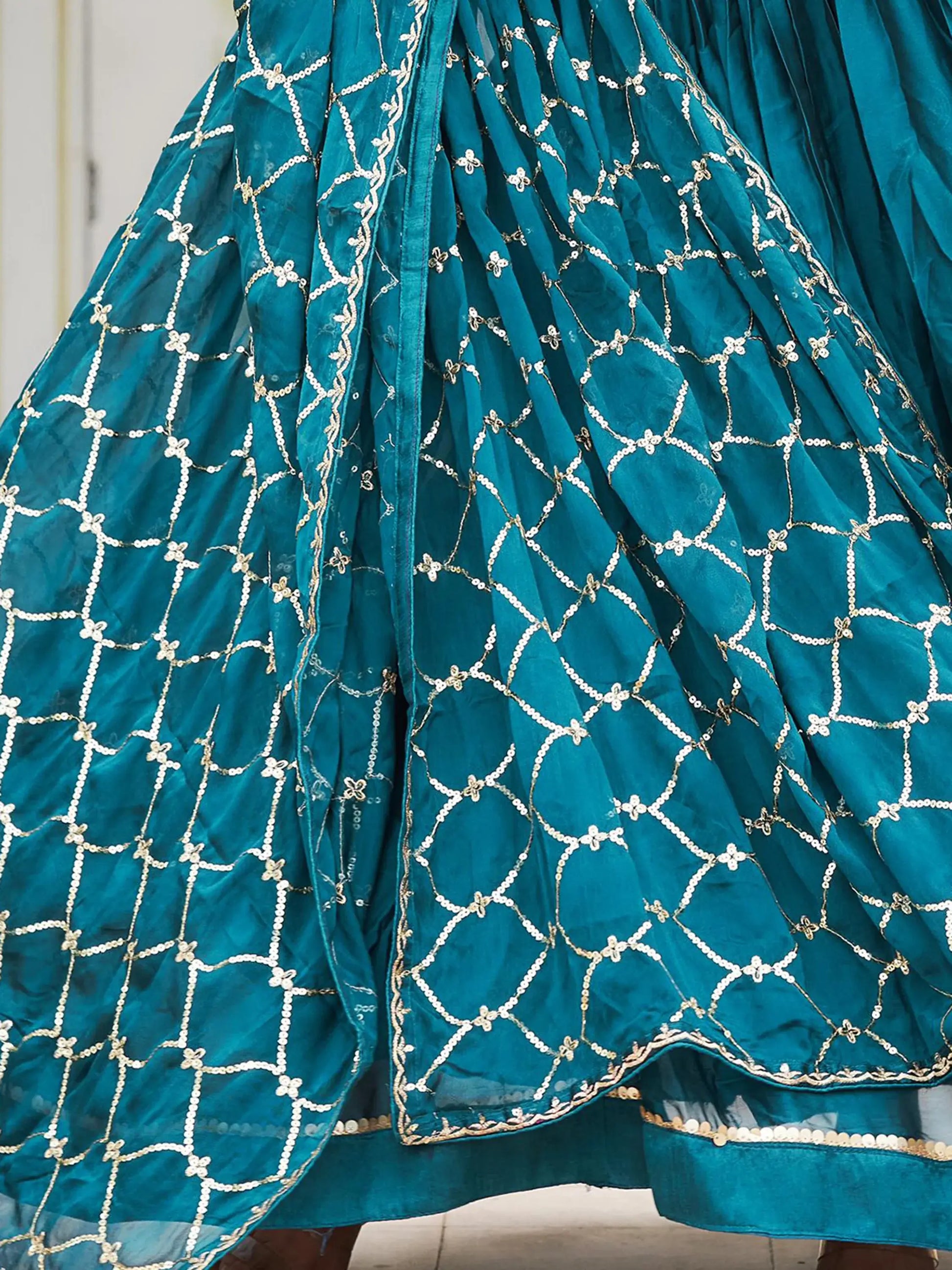 Stunning Teal Blue Sequins Rangoli Silk Festival Gown With Dupatta - Zeel Clothing