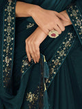 Stunning Teal Blue Sequins Work Chinon Party Wear Saree With Blouse - Zeel Clothing