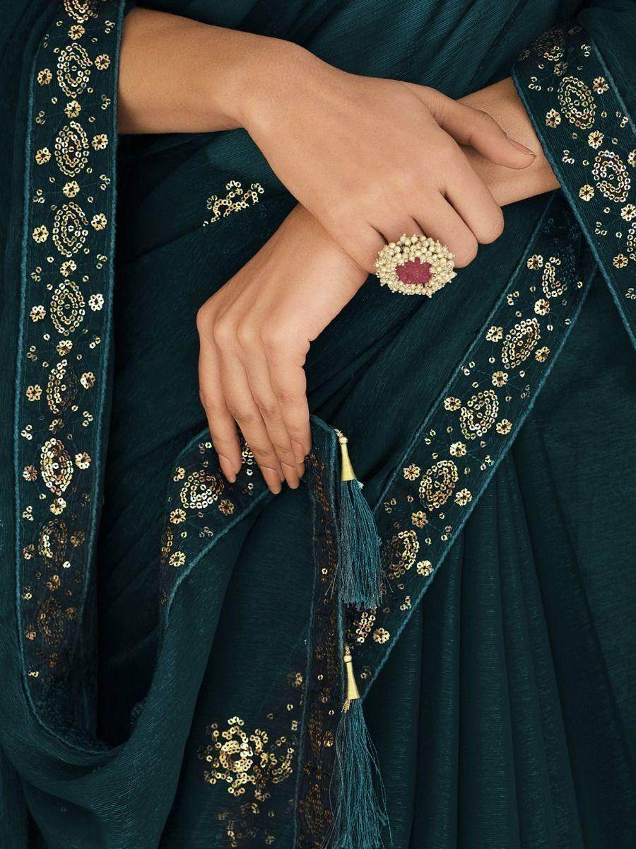 Stunning Teal Blue Sequins Work Chinon Party Wear Saree With Blouse - Zeel Clothing