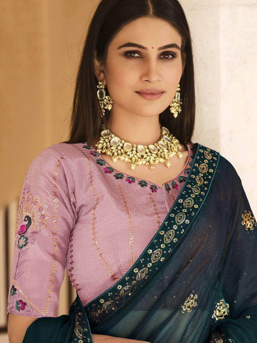 Stunning Teal Blue Sequins Work Chinon Party Wear Saree With Blouse - Zeel Clothing