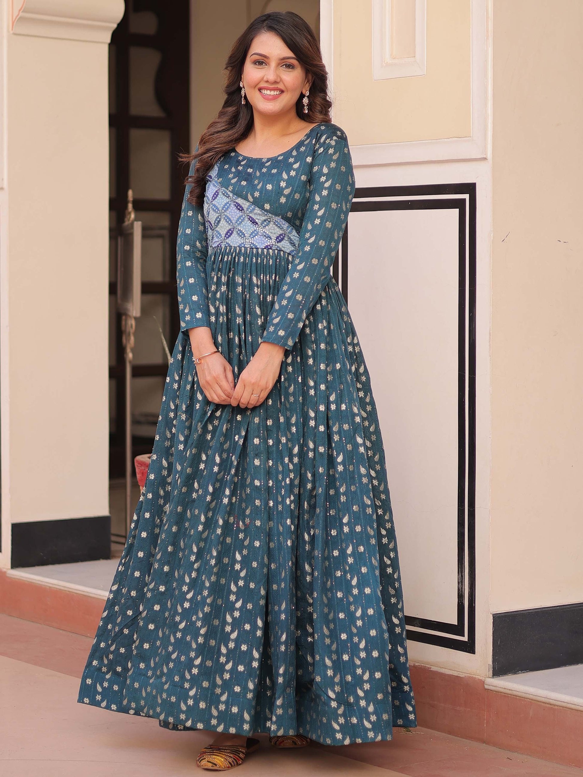 Stunning Teal Blue Zari Weaving Cotton Traditional Gown - Zeel Clothing