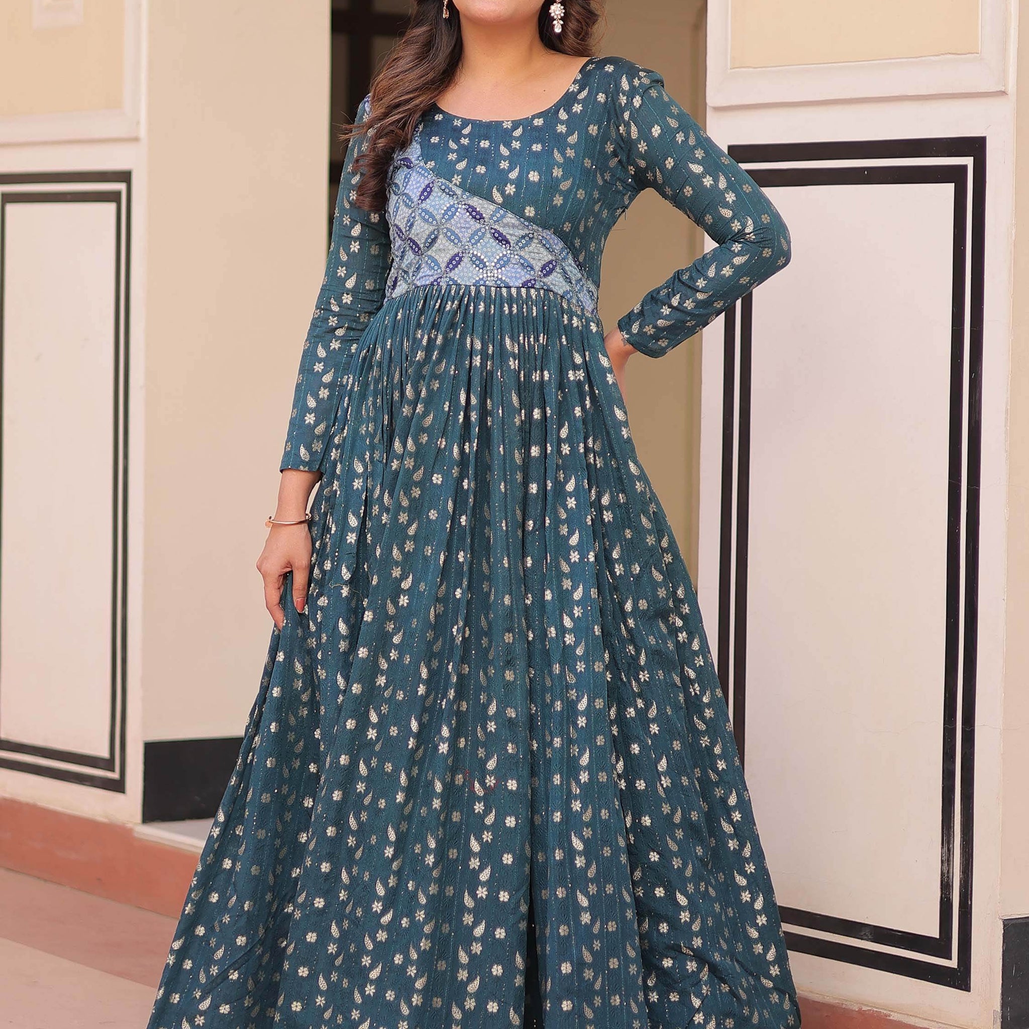 Stunning Teal Blue Zari Weaving Cotton Traditional Gown - Zeel Clothing