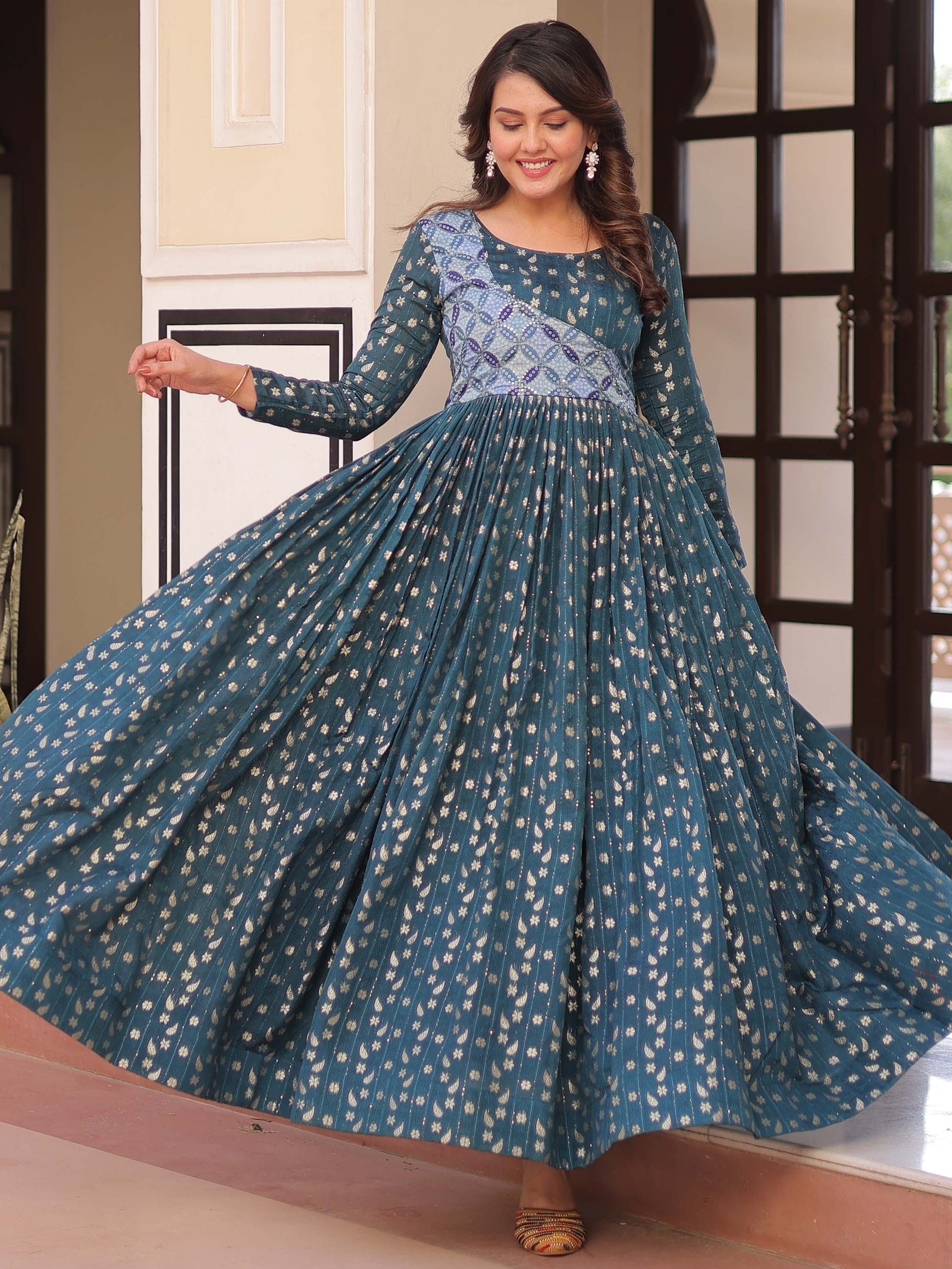 Stunning Teal Blue Zari Weaving Cotton Traditional Gown - Zeel Clothing