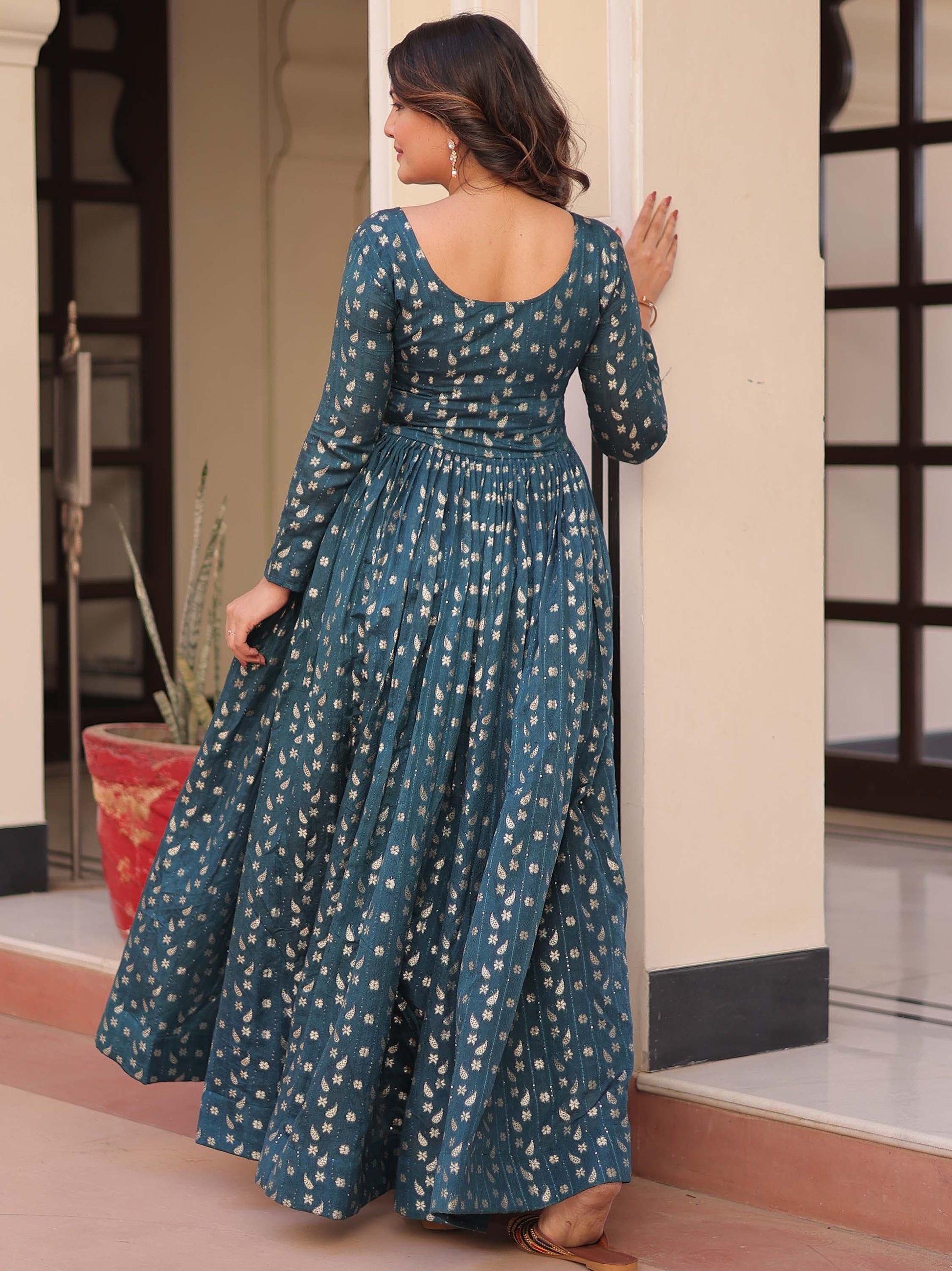 Stunning Teal Blue Zari Weaving Cotton Traditional Gown - Zeel Clothing