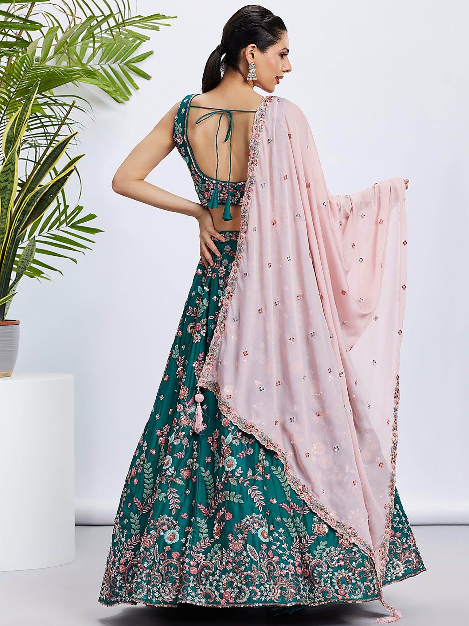 Stunning Teal Green Embroidered Georgette Wedding Lehenga Choli - Zeel Clothing