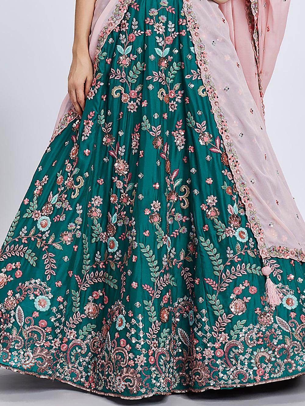 Stunning Teal Green Embroidered Georgette Wedding Lehenga Choli - Zeel Clothing