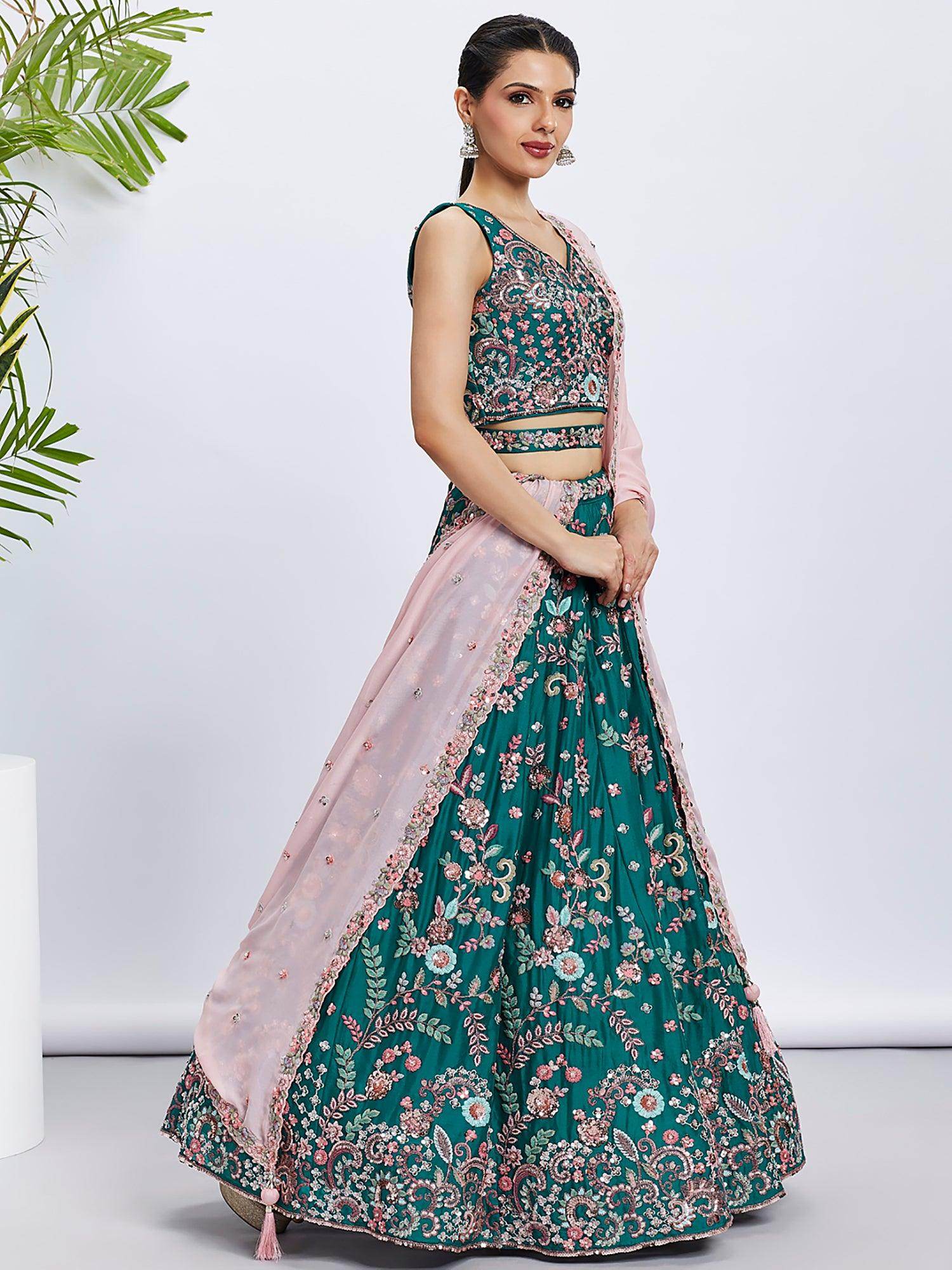 Stunning Teal Green Embroidered Georgette Wedding Lehenga Choli - Zeel Clothing