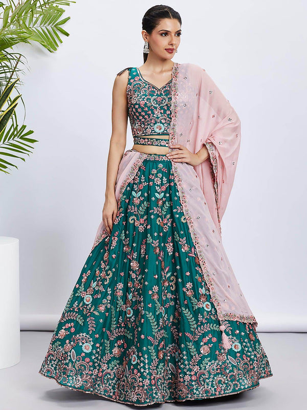 Stunning Teal Green Embroidered Georgette Wedding Lehenga Choli - Zeel Clothing