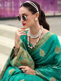 Stunning Teal Green Zari Weaving Satin Event Wear Saree With Blouse - Zeel Clothing