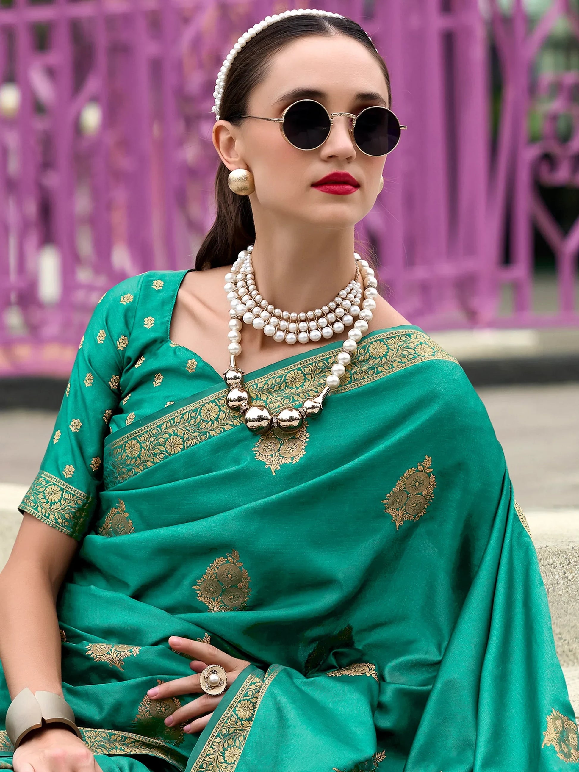 Stunning Teal Green Zari Weaving Satin Event Wear Saree With Blouse - Zeel Clothing