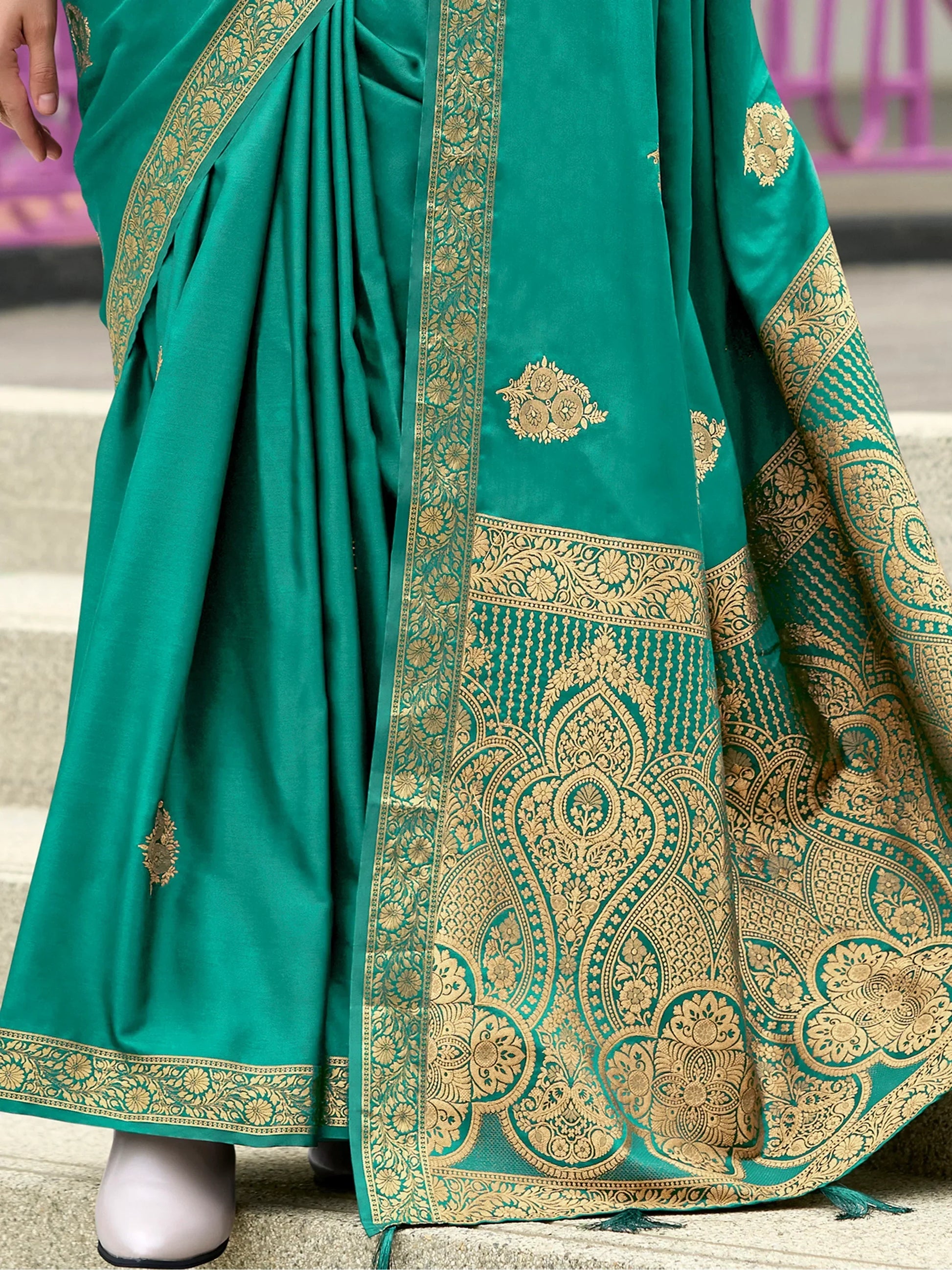 Stunning Teal Green Zari Weaving Satin Event Wear Saree With Blouse - Zeel Clothing