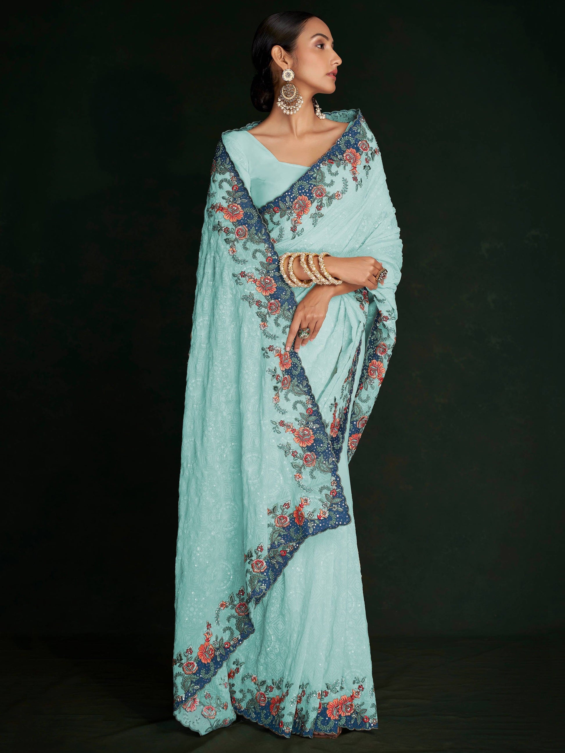 Stunning Turquoise Lucknowi Work Georgette Saree With Blouse - Zeel Clothing