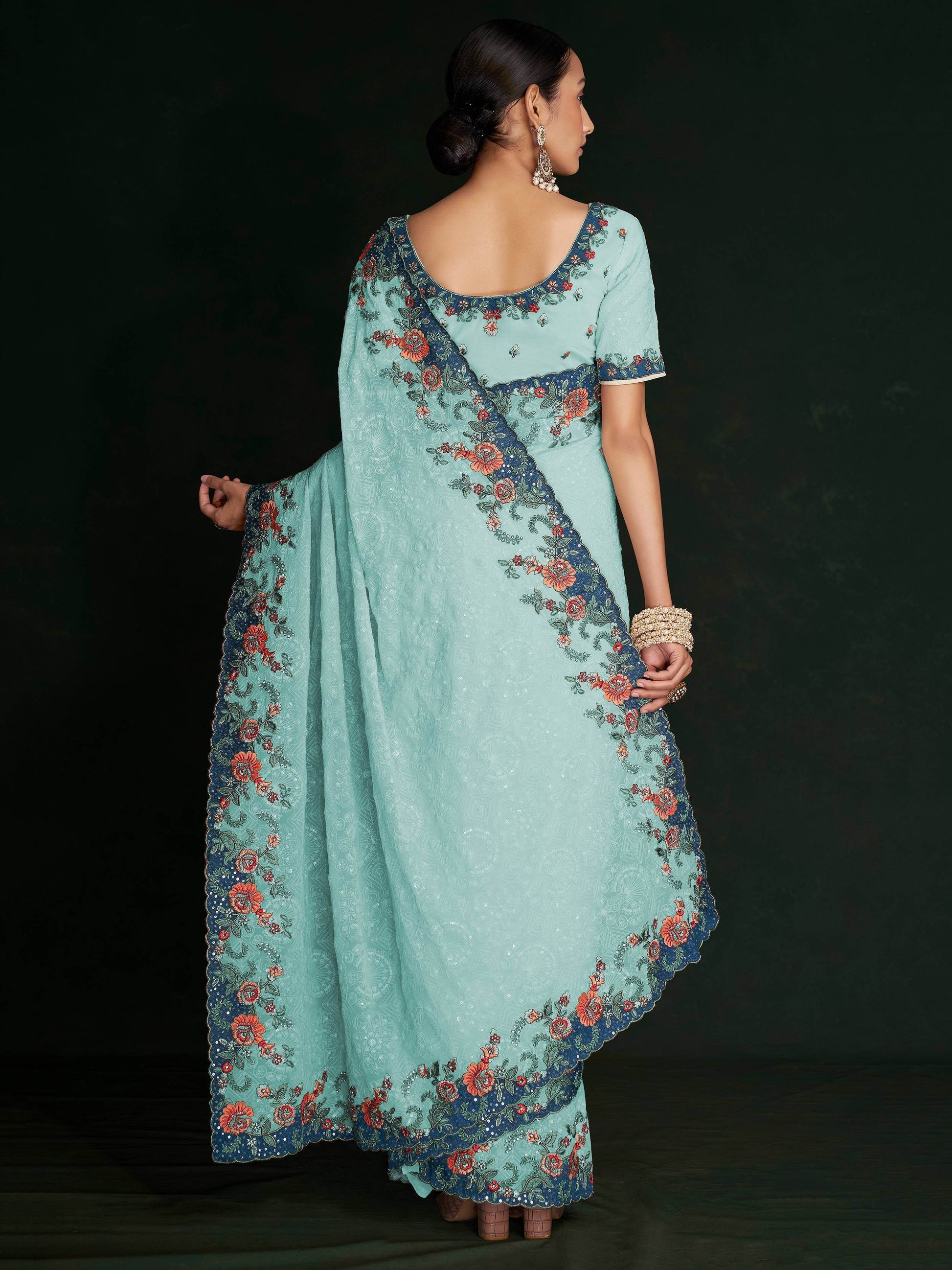 Stunning Turquoise Lucknowi Work Georgette Saree With Blouse - Zeel Clothing