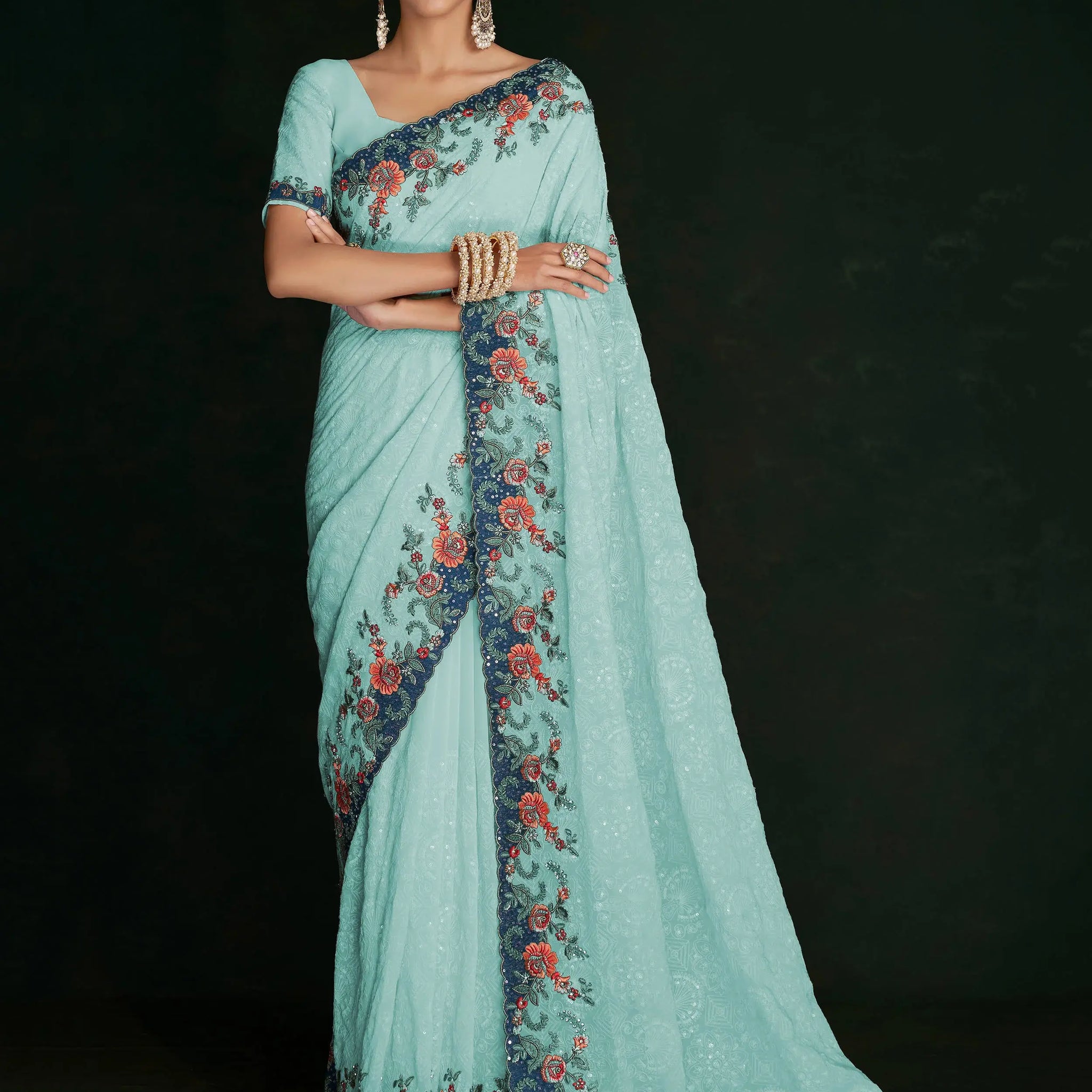 Stunning Turquoise Lucknowi Work Georgette Saree With Blouse - Zeel Clothing