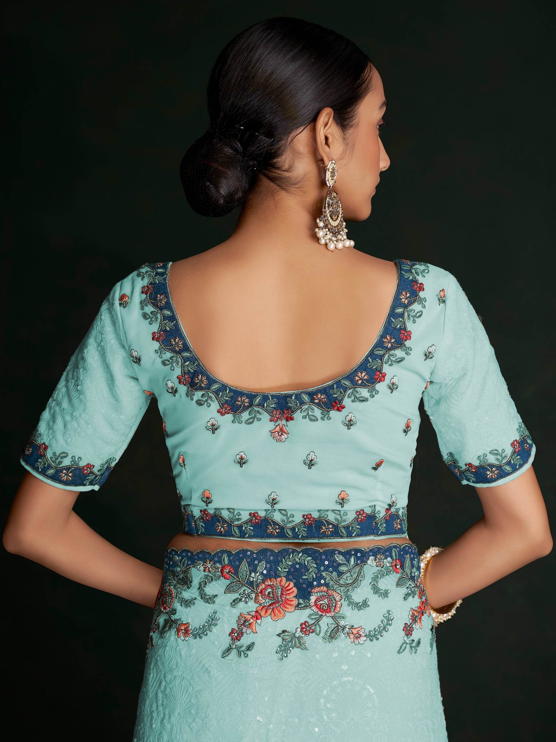 Stunning Turquoise Lucknowi Work Georgette Saree With Blouse - Zeel Clothing