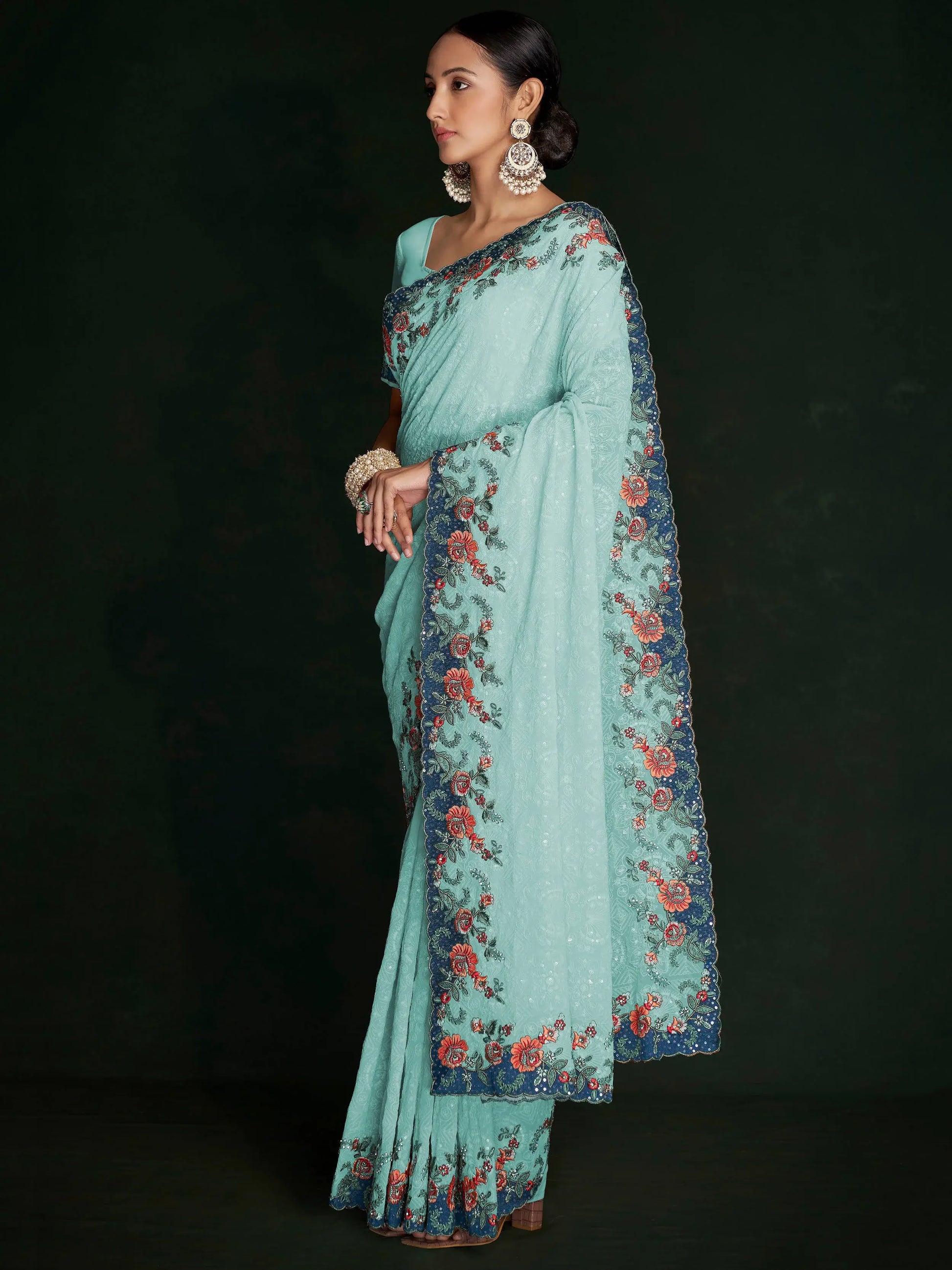 Stunning Turquoise Lucknowi Work Georgette Saree With Blouse - Zeel Clothing